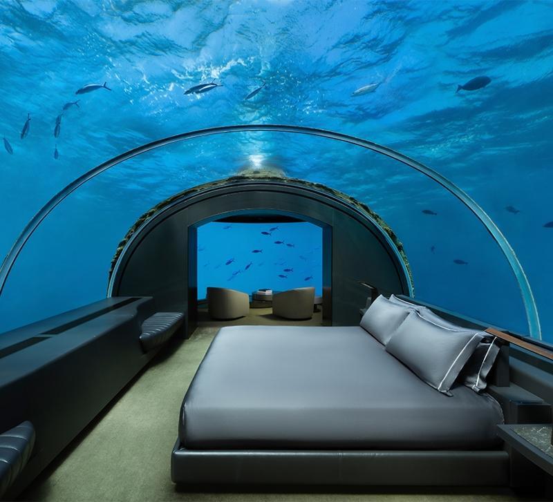 På femstjerners hotellet Conrad Maldives Rangali Island på Maldivene kan du sove blant fiskene i luksussuiten The Muraka. Foto: Conrad Maldives Rangali Island / Conradmaldives.com